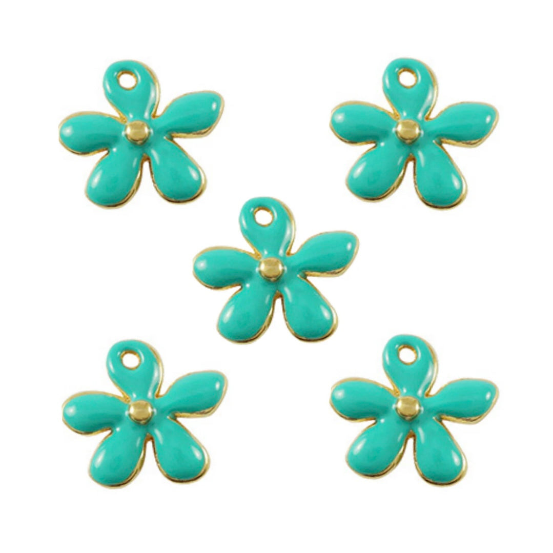 DQ Bedel Bloem Hanger 13mm Turquoise Goud - 1 stuk